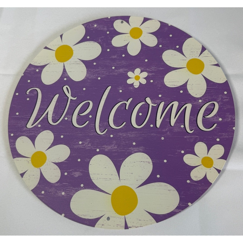 Welcome Sign 12" Circle Purple Daisy Floral Round Door Hanger Wall Decor Wreath